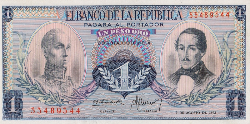 Банкнота номиналом 1 песо. Колумбия, 1973 год