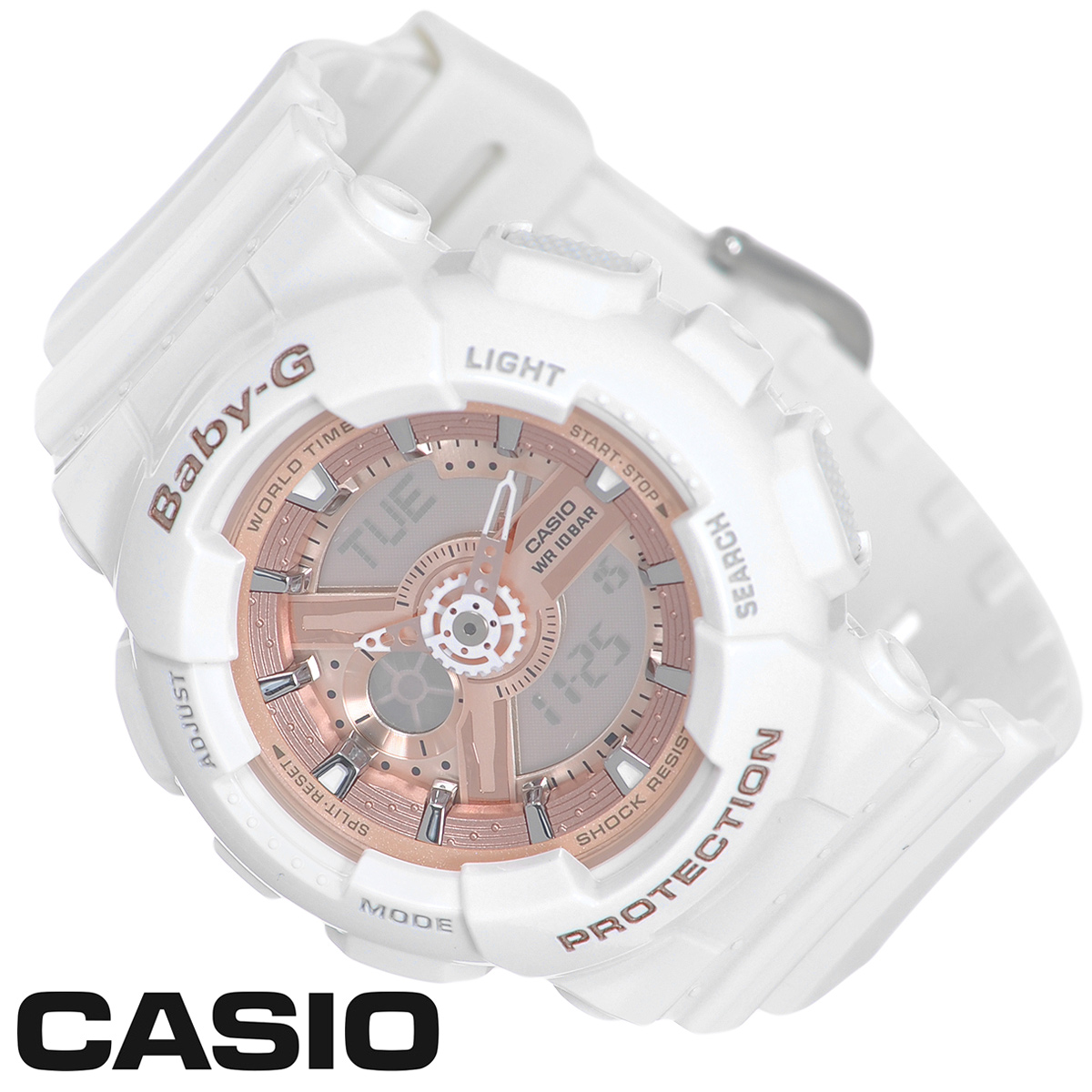 Часы женские наручные Casio Baby-G, цвет: белый, золотой. BA-110-7A1BA-110-7A1 Часы женские наручные Casio Baby-G, цвет: белый, золотой. BA-110-7A1BA-110-7A1Стильные многофункциональные часы Baby-G от японского брэнда Casio - это яркий функциональный аксессуар для современных людей, которые стремятся выделиться из толпы и подчеркнуть свою индивидуальность. Часы выполнены в спортивном стиле.Часы оснащены японским кварцевым механизмом, имеют ударопрочную конструкцию, защищающую механизм от ударов и вибрации. Циферблат оснащен двумя стрелками и подсвечивается светодиодом. Ремешок из мягкого пластика застегивается на классическую застежку.Основные функции: - 5 будильников, один с функцией повтора сигнала (чтобы отложить пробуждение), ежечасный сигнал; - сплит-хронограф; - автоматический календарь (число, месяц, день недели, год); - секундомер с точностью показаний 1/100 с, время измерения 24 ч; - 12-ти и 24-х часовой формат времени; - таймер обратного отсчета от 1 мин до 24 ч; - функция включения/отключения звука; - мировое время. Часы упакованы в фирменную коробку с логотипом Casio. Такой аксессуар добавит вашему образу стиля и подчеркнет безупречный вкус своего владельца. Характеристики:Диаметр циферблата: 3 см.Размер корпуса: 4,6 см х 4,3 см х 1,6 см.Длина ремешка (с корпусом): 22 см.Ширина ремешка: 1,9 см. STAINLESS STELL BACK JAPAN MOVT Y CASED IN CHINA.