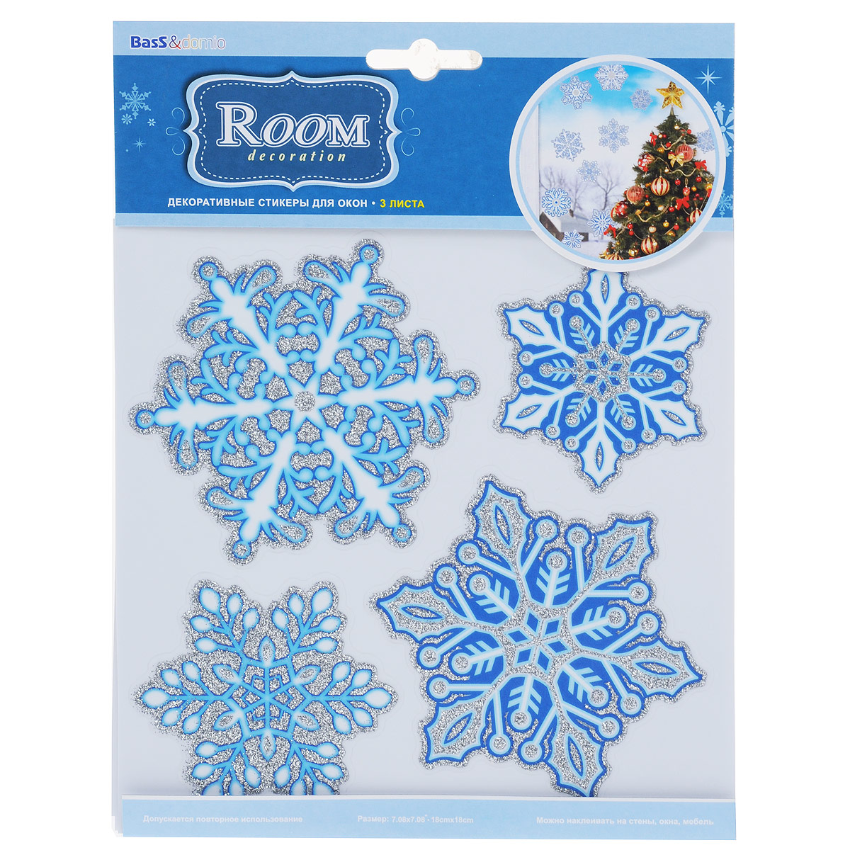 Новогоднее оконное украшение Room Decoration Снежинки, 18 см х 18 см, 3 листаWDX0803 Новогоднее оконное украшение Room Decoration Снежинки, 18 см х 18 см, 3 листаWDX0803Новогоднее оконное украшение Room Decoration Снежинки поможет украсить дом к предстоящим праздникам. На одном листе расположены по 4 наклейки в виде снежинок. Яркие изображения нанесены на прозрачную виниловую пленку и крепятся к гладкой поверхности стекла посредством статического эффекта. Наклейки декорированы блестками. Наклейки не содержат клея, не оставляют следов и идеальны для многоразового использования. Также имеется инструкция на русском языке.Новогодние украшения всегда несут в себе волшебство и красоту праздника. Создайте в своем доме атмосферу тепла, веселья и радости, украшая его всей семьей.Материал: виниловая пленка.Размер листа: 18 см х 18 см.