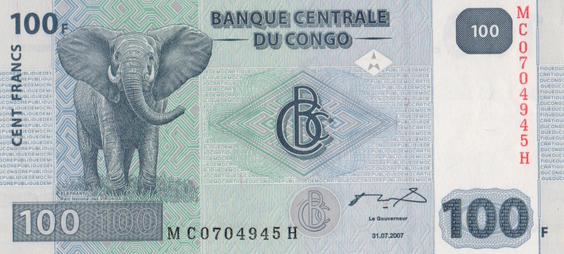 Банкнота номиналом 100 франков. Демократическая Республика Конго. 2007 год