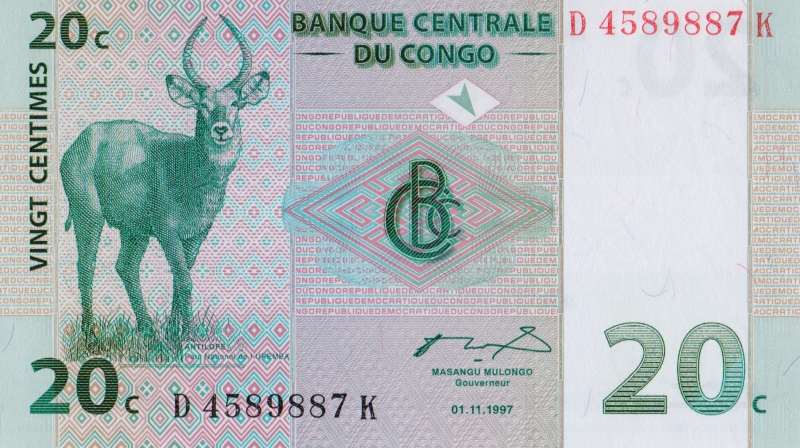Банкнота номиналом 20 сантимов. Демократическая Республика Конго. 1997 год