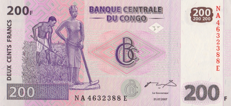 Банкнота номиналом 200 франков. Демократическая Республика Конго. 2007 год