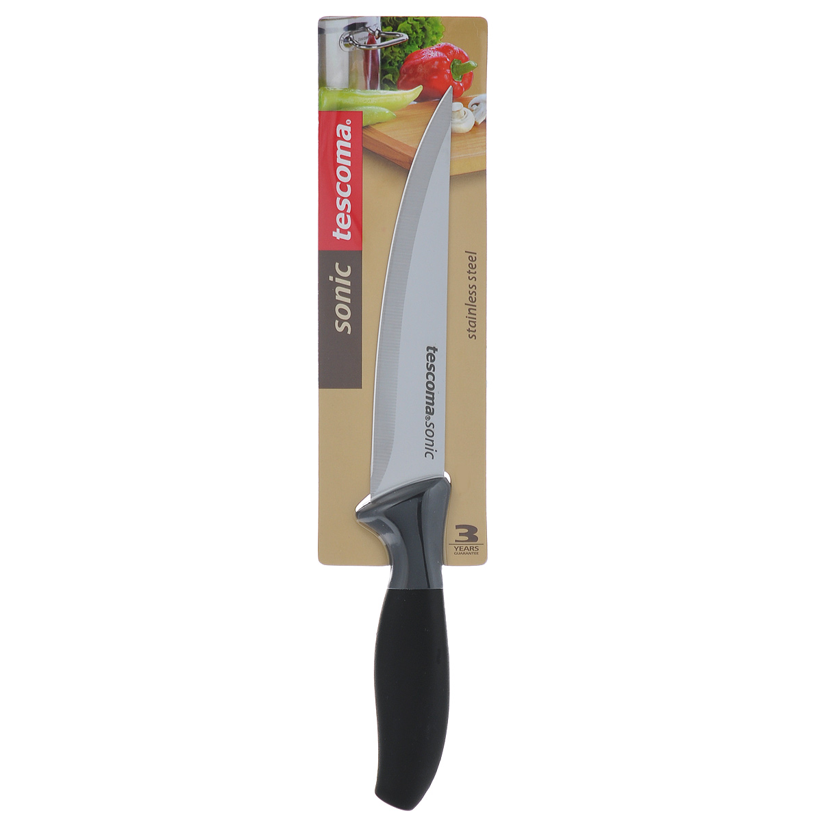 Нож универсальный Tescoma "Sonic" - это легкий и многофункциональный нож для  резки небольших овощей и фруктов,  колбасы, сыра, масла. Имеет неширокое лезвие.  Один из самых нужных на кухне ножей. Лезвие выполнено из нержавеющей стали, эргономичная  ручка - из прочной пластмассы.  Универсальный нож станет прекрасным  дополнением  к коллекции ваших кухонных аксессуаров и не займет много места при хранении.  Можно мыть в посудомоечной машине.   Общая длина ножа: 23,5 см. Длина лезвия: 12 см.
