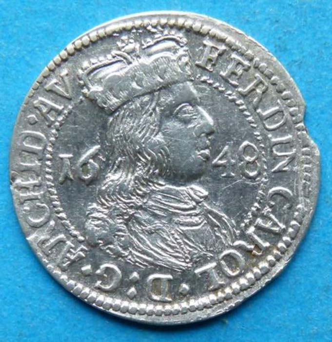 Монета 3 крейцера. Австрия, чекан Халль-ин-Тироль, 1648 год. Фердинанд Карл Австрийский (1628-1662)