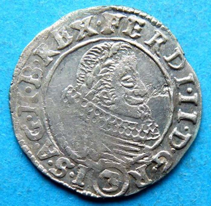 Монета 3 крейцера. Богемия (Австрия), чекан Прага, Фердинанд II. 1637 год