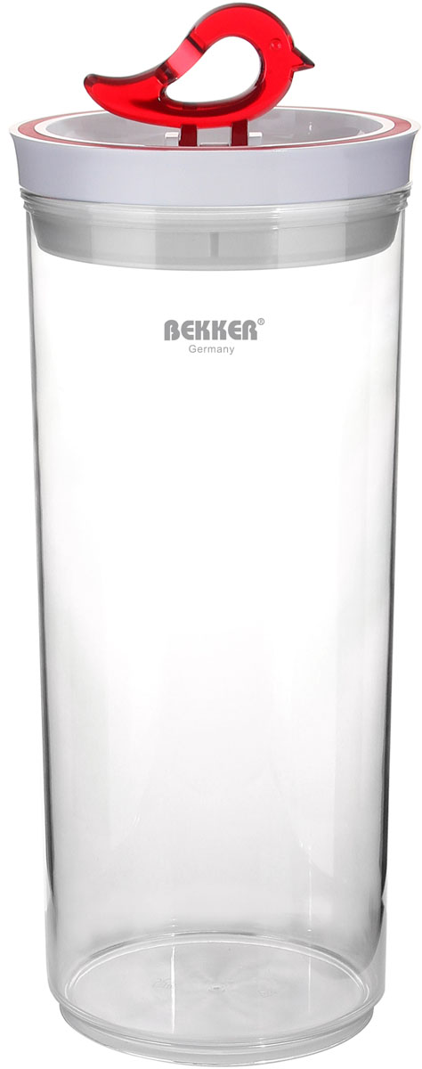 Контейнер для сыпучих продуктов Bekker Koch, 2,9 лBK-5120 Контейнер для сыпучих продуктов Bekker Koch, 2,9 лBK-5120Контейнер для сыпучих продуктов Bekker Koch изготовлен из прочного высококачественного прозрачного пластика. На крышке имеется силиконовое уплотнительное кольцо. Крышка имеет удобную ручка в виде птички. При наклоне ручки в лежачее положение, контейнер плотно закрывается. Контейнер предназначен для хранения различных продуктов. Контейнер для сыпучих продуктов Bekker Koch сохранит ваши продукты, а компактный размер не займет много места на вашей кухне. Рекомендуется ручная чистка. Диаметр контейнера: 13,2 см. Высота контейнера: 30 см.Толщина стенки: 2 мм.
