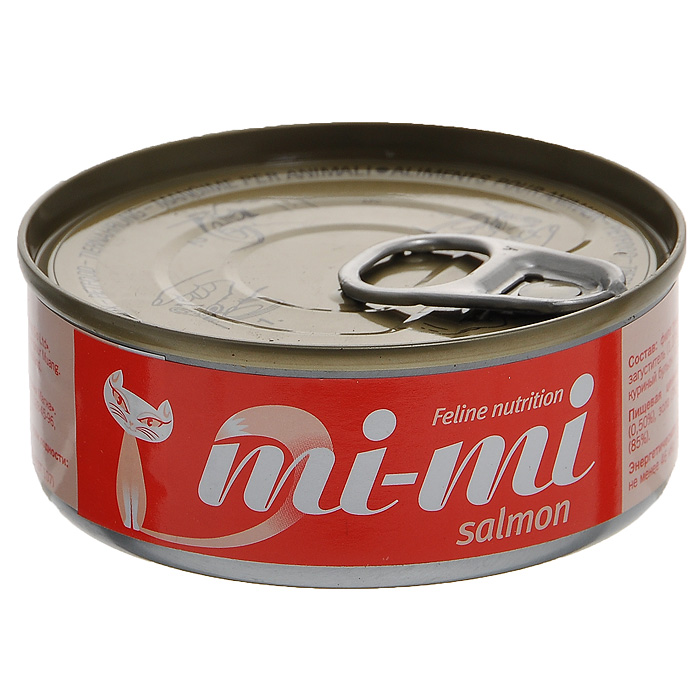 Консервы для кошек и котят Mi-Mi, с лососем, 80 г15838 Консервы для кошек и котят Mi-Mi, с лососем, 80 г15838Консервы Mi-Mi изготовлены только из натуральных продуктов с добавлением минеральных веществ и витаминов в необходимой пропорции. Не содержат красителей и ароматизаторов. Идеально сбалансированный состав позволяет применять консервы Mi-Mi для кормления самых требовательных и проблемных кошек, в том числе и для бесшерстных пород. Способствует профилактике мочекаменной болезни за счет сбалансированного минерального состава и pH-контроля. Содержат высокую концентрацию таурина, оказывающего благотворное действие на зрение и сердце.Состав: филе тунца (47,4%), лосось (3,6%), загуститель (1,2%), яичный порошок (0,1%), куриный бульон (47,69%), витамин Е (0,01%). Пищевая ценность: протеин (12%), жир (0,50%), зола (3%), клетчатка (1%), влажность (85%).Энергетическая ценность: не менее 46 ккал / 100 г. Товар сертифицирован.