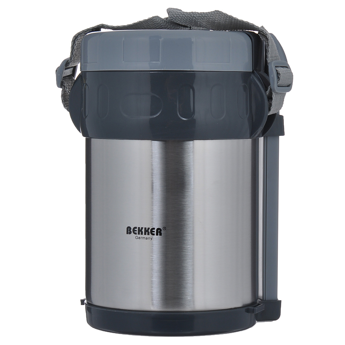 Термос Bekker Koch, с контейнерами, 1,5 л. BK-4085BK-4085 Термос Bekker Koch, с контейнерами, 1,5 л. BK-4085BK-4085Пищевой термос с широким горлом Bekker Koch, изготовленный из высококачественной нержавеющей стали 18/8, является простым в использовании, экономичным и многофункциональным. Изделие с двойными стенками оснащено тремя контейнерами, ложкой и вилкой в оригинальном чехле и специальным ремнем для удобной переноски термоса. Термос с широким горлом предназначен для хранения горячей и холодной пищи, замороженных продуктов, мороженного, фруктов и льда и укомплектован вакуумной крышкой без кнопки. Такая крышка надежна, проста в использовании и позволяет дольше сохранять тепло благодаря дополнительной теплоизоляции.Легкий и прочный термос Bekker Koch сохранит ваши напитки и продукты горячими или холодными надолго. Высота (с учетом крышки): 22 см.Диаметр горлышка: 13 см.Диаметр контейнеров: 11 см, 11 см, 12 см.Высота контейнеров: 4 см, 5 см, 8 см. Объем контейнеров: 720 мл, 400 мл, 350 мл.Длина вилки/ложки: 15 см.