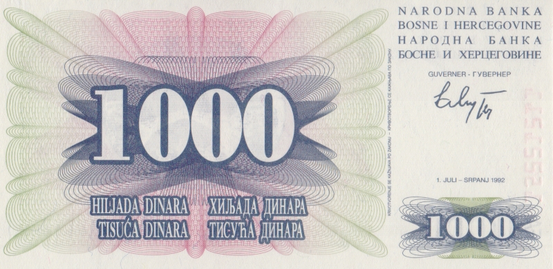 Банкнота номиналом 1000 динаров. Босния и Герцеговина. 1992 год