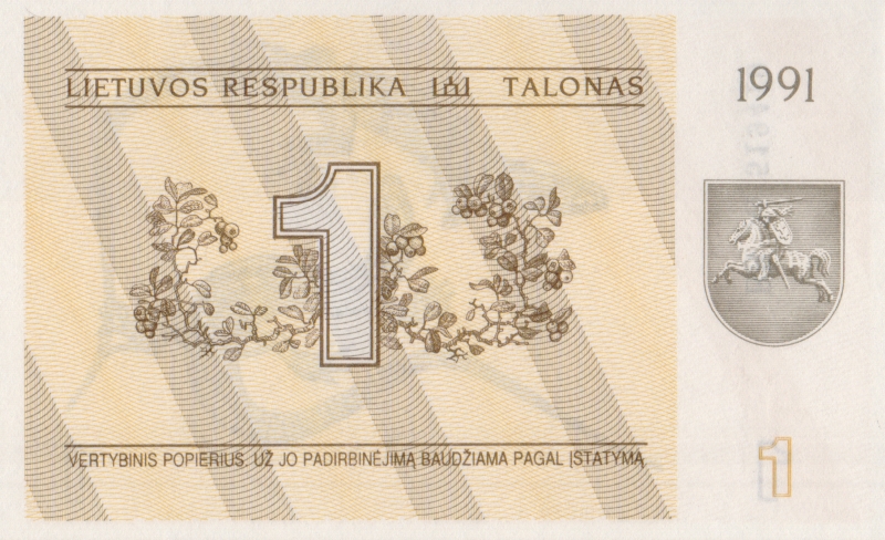 Банкнота номиналом 1 талон. Литва. 1991 год