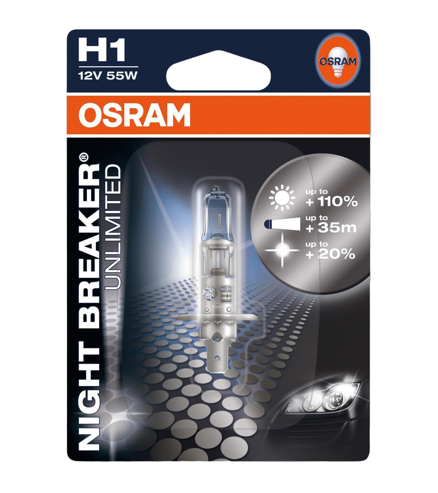 Лампа галогенная Osram H1 Night Breaker Unlimited 12V, 55W, 1 штOsram 64150NBU01B Лампа галогенная Osram H1 Night Breaker Unlimited 12V, 55W, 1 штOsram 64150NBU01BПреимущества продуктаДо 40 м большее расстояние светового пучка (по сравнению со стандартными галогенными лампами)Up to 20 % whiter light (compared to standard halogen lamps)Водители обнаруживают препятствия и распознают опасные ситуации гораздо раньшеОптимальное освещение для предоставления большего запаса времени для принятия решенияЗапатентованное покрытие синего кольца для снижения отраженного ослепленияОбласть примененияФары головного светаНапряжение: 12 вольт