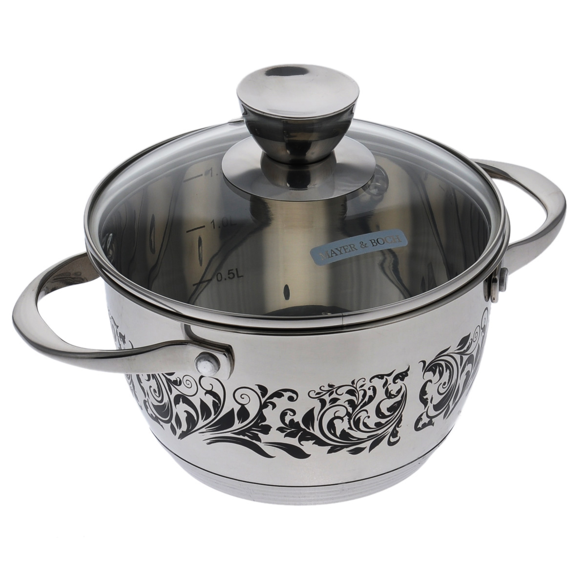 Кастрюля Mayer & Boch с крышкой, 1,9 л23407 Кастрюля Mayer & Boch с крышкой, 1,9 л23407Кастрюля Mayer & Boch изготовлена из высококачественной нержавеющей стали с зеркальной полировкой. Внешние стенки украшены изысканным терморисунком. Кастрюля эффективно сохраняет тепло и быстро разогревает продукты. Энергосберегающая технология позволяет сохранить деньги и время. Кастрюля предназначена для здорового и экологичного приготовления пищи. Внутри имеются отметки литража для легкого замера жидкости. Рукоятки специального дизайна, выполненные из нержавеющей стали, удобны в эксплуатации. Крышка выполнена из термостойкого стекла. Подходит для всех типов плит, включая индукционные. Можно мыть в посудомоечной машине. Высота стенки: 10 см. Ширина кастрюли (с учетом ручек): 25 см. Толщина стенки: 0,6 мм. Толщина дна: 6 мм. Диаметр дна: 11,5 см.
