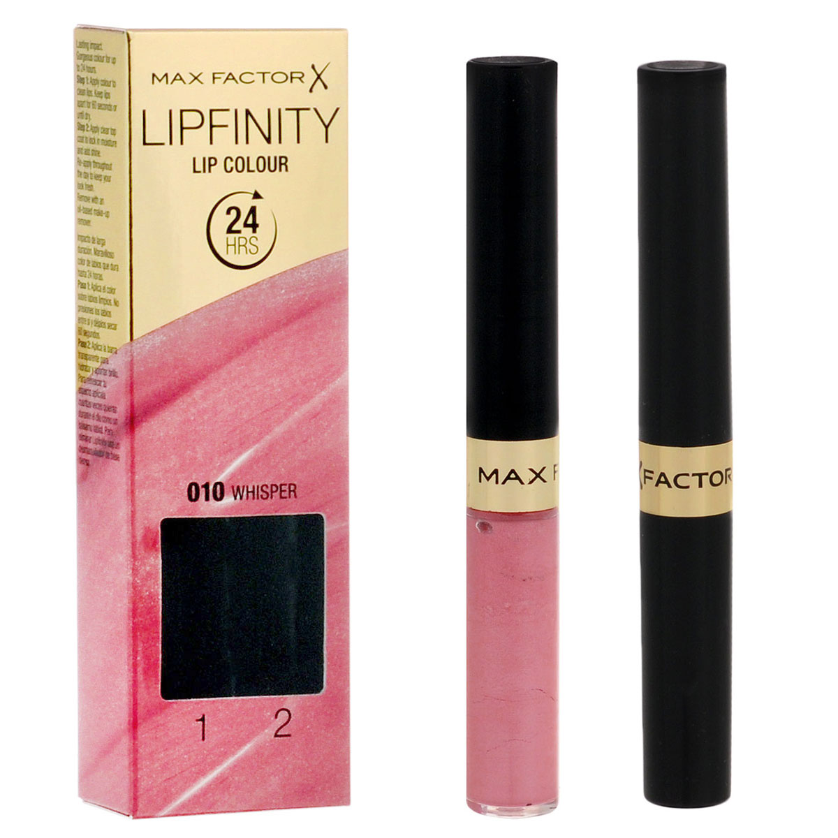 Max Factor Стойкая губная помада и увлажняющий блеск Lipfinity, тон №010 (Whisper), 2х3 мл81435666 Max Factor Стойкая губная помада и увлажняющий блеск Lipfinity, тон №010 (Whisper), 2х3 мл81435666Суперустойчивая помада LIPFINITY – это сенсационный двухступенчатый макияж для губ, который разделяет функции стойкого цвета и увлажнения. Lipfinity включает в себя два продукта – элегантный тюбик с цветом и спонжем для удобного нанесения и суперувлажняющий блеск для губ. В течение дня Ваши губы сохраняют цвет, при необходимости достаточно лишь нанести увлажняющий блеск! Lipfinity- это стойкость и великолепные оттенки на любой вкус!Двухступенчатое нанесение: блеск для роскошного цвета для губ и бальзам для сияние увлажнения. Наноси бальзам регулярно в течение дня, чтобы сохранить свежесть цвета губ.1. На сухие чистые губы нанести жидкий красящий пигмент специальной кисточкой. 2. Подождать 1 минуту, нанести увлажняющий блеск, который защитит нежную кожу губ от сухости и шелушения и придаст губам глянец. 3. Стойкая губная помада Lipfinity смывается любым средством для снятия макияжа, содержащим жировые компоненты.