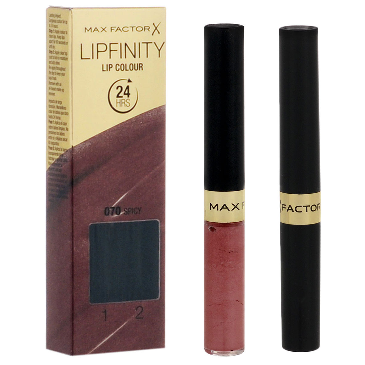 Max Factor Стойкая губная помада и увлажняющий блеск Lipfinity, тон №070 (Spicy), 2х3 мл81435688 Max Factor Стойкая губная помада и увлажняющий блеск Lipfinity, тон №070 (Spicy), 2х3 мл81435688Жидкая помада Lipfinity обеспечивает насыщенный цвет и оставляет ощущение мягкости на весь день.Новый аппликатор распределяет помаду ровным и тонким слоем.Формула базового покрытия сочетает в себе цвет, который буквально липнет к губам, и силиконовый компонент. Результат: стойкий цвет, который держится до 24 часов и сохраняет губы увлажненными и мягкими.Товар сертифицирован.
