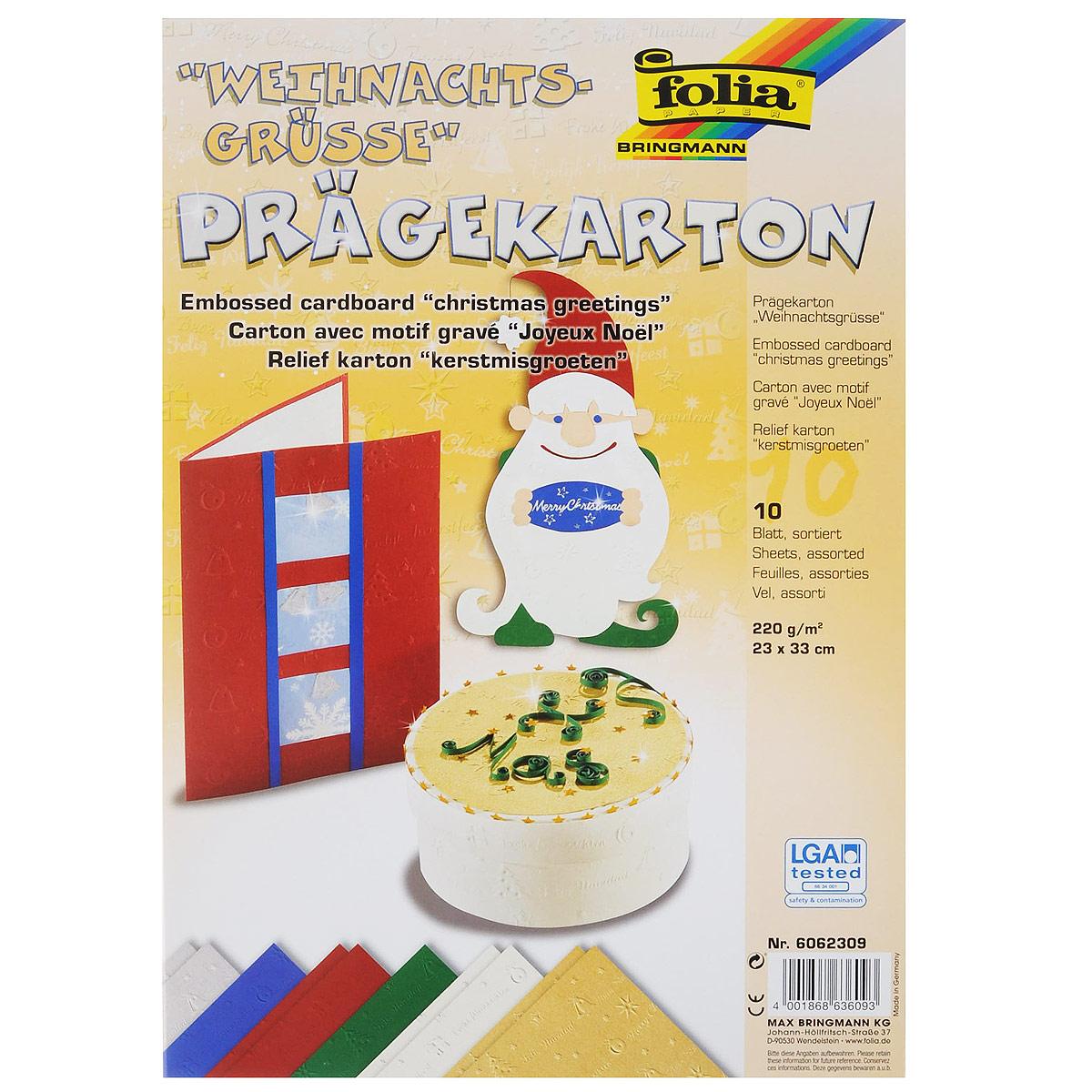 Картон текстурированный Folia Рождество, 23 x 33 см, 10 листов7708055 Картон текстурированный Folia Рождество, 23 x 33 см, 10 листов7708055Картон Folia Рождество с оригинальной текстурой идеально подходит для декора, скрапбукинга, создания поздравительных карточек, украшения интерьера, различных поделок и др. Картон прекрасно держит форму и отлично крепится. Размер листа: 23 см х 33 см. Плотность: 220 г/м2. Комплектация: 10 листов.