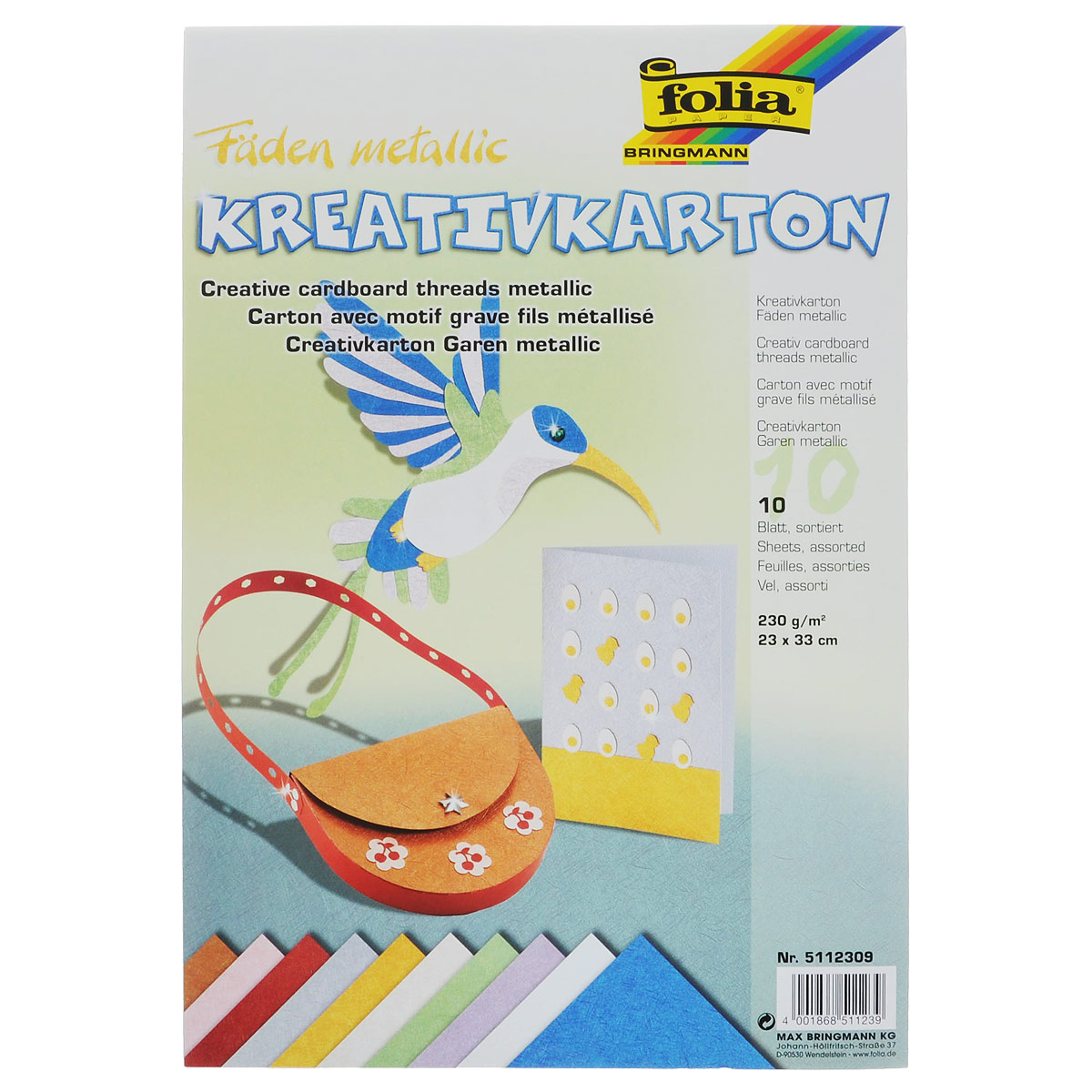 Картон текстурированный Folia Металлические нити, 23 x 33 см, 10 листов7708038 Картон текстурированный Folia Металлические нити, 23 x 33 см, 10 листов7708038Картон Folia Металлические нити с оригинальной текстурой идеально подходит для декора, скрапбукинга, создания поздравительных карточек, украшения интерьера, различных поделок и др. Картон прекрасно держит форму и отлично крепится. Размер листа: 23 см х 33 см. Плотность: 230 г/м2. Комплектация: 10 листов.