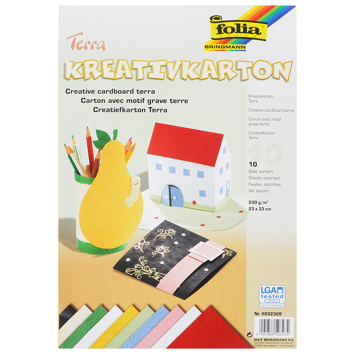 Картон текстурированный Folia Terra, 23 x 33 см, 10 листов7708030 Картон текстурированный Folia Terra, 23 x 33 см, 10 листов7708030Картон Folia Terra с оригинальной текстурой идеально подходит для декора, скрапбукинга, создания поздравительных карточек, украшения интерьера, различных поделок и др. Картон прекрасно держит форму и отлично крепится. Размер листа: 23 см х 33 см. Плотность: 230 г/м2. Комплектация: 10 листов.