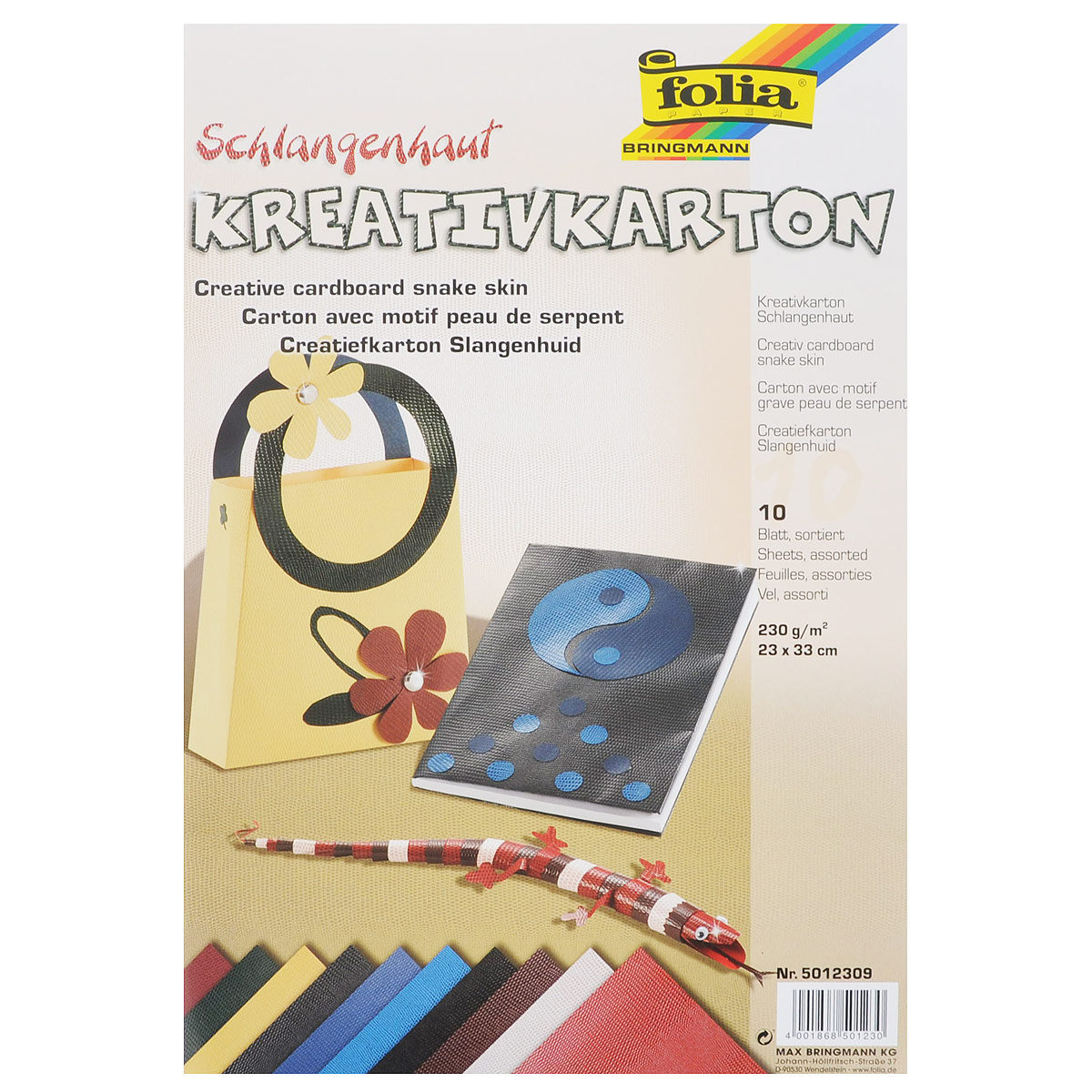 Картон текстурированный Folia Змеиная кожа, 23 x 33 см, 10 листов7708028 Картон текстурированный Folia Змеиная кожа, 23 x 33 см, 10 листов7708028Картон Folia Змеиная кожа с оригинальной текстурой идеально подходит для декора, скрапбукинга, создания поздравительных карточек, украшения интерьера, различных поделок и др. Картон прекрасно держит форму и отлично крепится. Размер листа: 23 см х 33 см. Плотность: 230 г/м2. Комплектация: 10 листов.