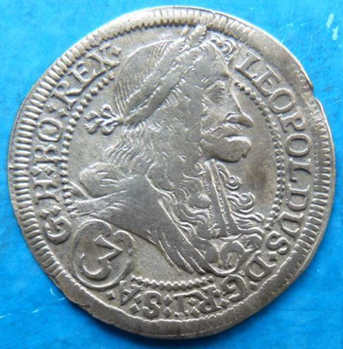 Монета 3 крейцера. Австрия, 1703 год. Грац. Император Леопольд I