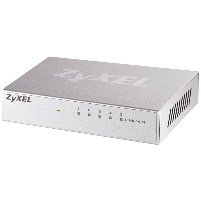 Zyxel GS-105BGS-105B Zyxel GS-105BGS-105BКоммутатор ZyXEL GS-105B обеспечивает неблокируемую коммутацию с общей пропускной способностью 10 Гбит/с и предназначен для объединения в сеть до пяти устройств с интерфейсом Gigabit Ethernet, для которых характерен интенсивный обмен данными и передача файлов большого размера: графических и игровых станций, сетевых накопителей, точек доступа Wi-Fi 802.11n, мощных ноутбуков и т. п. Кроме того, GS-105B используется для подключения нескольких сегментов сети Fast Ethernet к общему серверу. Помимо устройств с интерфейсом Gigabit Ethernet, к нему можно подключать любую сетевую технику, работающую на скорости 100 или 10 Мбит/с.Коммутатор ZyXEL GS-105B не требует настройки и совместим с компьютерными платформами, работающими под управлением любых операционных систем. Он компактен, бесшумен и рассчитан на круглосуточную работу.Неуправляемый коммутатор Gigabit EthernetСтандарты: IEEE 802.3 10BASE-T Ethernet, IEEE 802.3u 100BASE-TX Fast Ethernet, IEEE 802.3ab 1000BASE-T Gigabit Ethernet, IEEE 802.3x полный дуплекс и управление потокомМаксимальная скорость передачи данных: 1488000 Мбит/сПропускная способность: 10 Гбит/c Коммутация с промежуточным хранением данных Jumbo-кадры: 9 Кбайт Адресная таблица: 1024 MAC-адреса Буфер кадров: 104 Кбайт 5 портов 10/100/1000 Мбит/с (RJ-45, MDI/MDI-X) Светодиодные индикаторы электропитания и состояния портов коммутатора Настольное исполнениеПитание: от сети 220В через адаптер