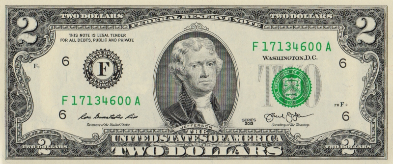 Банкнота номиналом 2 доллара. США. Атланта. 2013 год