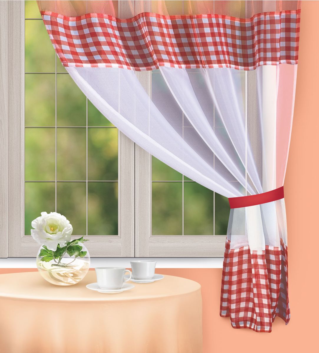 Штора для кухни Home Queen Red Kitchen, на петлях, цвет: красный, высота 170 см. 6740167401 Штора для кухни Home Queen Red Kitchen, на петлях, цвет: красный, высота 170 см. 6740167401Яркая штора Home Queen Red Kitchen выполнена из полиэстера. Полупрозрачная ткань, приятная цветовая гамма, принт в клетку привлекут к себе внимание и органично впишутся в интерьер помещения. Такая штора идеально подходит для солнечных комнат. Мягко рассеивая прямые лучи, она хорошо пропускает дневной свет и защищает от посторонних глаз. Отличное решение для многослойного оформления окон. Эта штора будет долгое время радовать вас и вашу семью!Изделие можно зафиксировать в одном положении с помощью однотонного подхвата на пуговице.Штора крепится на карниз при помощи петель.В комплект входит: Штора: 1 шт. Размер (Ш х В): 142 см х 170 см. Подхват: 1 шт. Размер (Д х Ш): 31 см х 4,5 см.