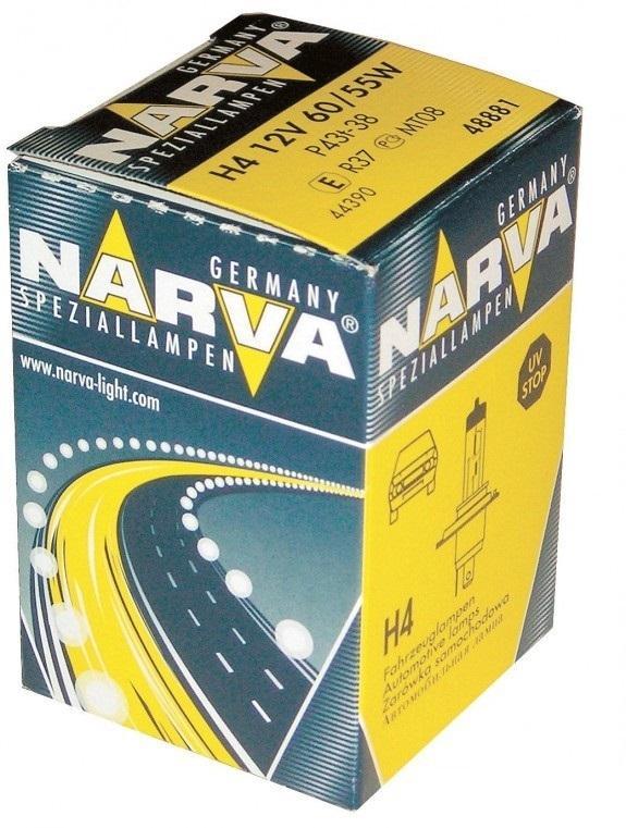 Лампа автомобильная галогенная NARVA, цоколь H4, 12V, 55-60W48881 Лампа автомобильная галогенная NARVA, цоколь H4, 12V, 55-60W48881Галогенные лампы NARVA пригодны для всех современных автомобилей, оборудованных фарами головного света, предусматривающими использование галогенных ламп. Эти лампы могут использоваться круглый год в любых погодных условияхУважаемые клиенты!Обращаем ваше внимание на возможные изменения в дизайне упаковки. Качественные характеристики товара остаются неизменными. Поставка осуществляется в зависимости от наличия на складе.
