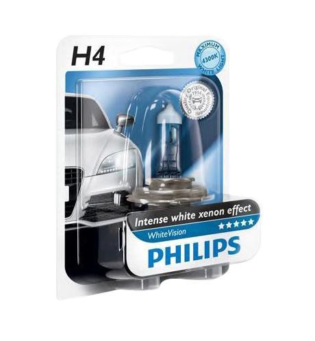 Лампа автомобильная галогенная Philips WhiteVision, для фар, цоколь H4 (P43t), 12V, 60/55W12342WHVB1 (бл.) Лампа автомобильная галогенная Philips WhiteVision, для фар, цоколь H4 (P43t), 12V, 60/55W12342WHVB1 (бл.)Галогенная лампа для автомобильных фар Philips WhiteVision произведена из запатентованного кварцевого стекла с УФ фильтром Philips Quartz Glass. Кварцевое стекло Philips в отличие от обычного твердого стекла выдерживает гораздо большее давление смеси газов внутри колбы, что препятствует быстрому испарению вольфрама с нити накаливания. Кварцевое стекло выдерживает большой перепад температур, при попадании влаги на работающую лампу изделие не взрывается и продолжает работать. Лампы Philips WhiteVision излучают интенсивный белый свет с ксеноновым эффектом, что создает идеальные условия для вождения в ночное время. Благодаря повышенной яркости и цветовой температуре до 4300К лампы мгновенно рассеивают темноту: яркость чистого белого света увеличена на 40%. Повышенный уровень безопасности: более длинный световой пучок и на 60% больше света. Это обеспечивает лучшую видимость на дороге и позволяет предотвращать потенциально аварийные ситуации. Обладая цветовой температурой ксеноновых ламп и стильным белым цоколем, лампы WhiteVision идеально подходят для головного освещения.Автомобильные галогенные лампы Philips удовлетворят все нужды автомобилистов: дальний свет, ближний свет, передние противотуманные фары, передние и боковые указатели поворота, задние указатели поворота, стоп-сигналы, фонари заднего хода, задние противотуманные фонари, освещение номерного знака, задние габаритные/стояночные фонари, освещение салона.