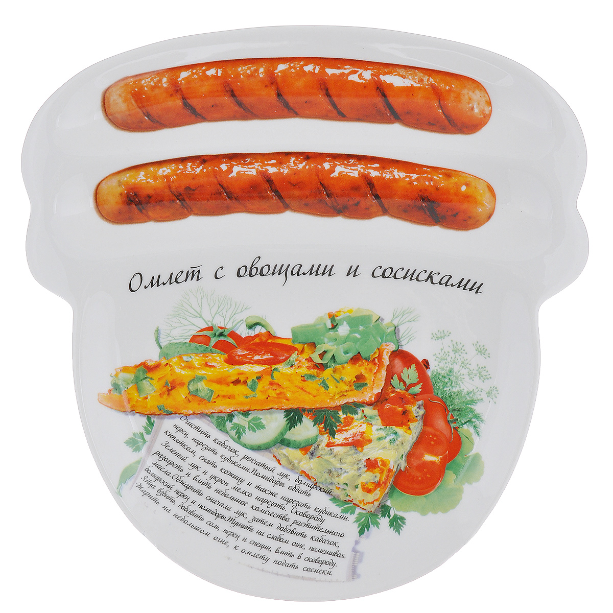 Блюдо для сосисок Larangе Омлет с овощами и сосисками, 23 х 22,7 х 1,6 см598-080 Блюдо для сосисок Larangе Омлет с овощами и сосисками, 23 х 22,7 х 1,6 см598-080Блюдо для сосисок Larange Омлет с овощами и сосисками изготовлено из высококачественной керамики. Изделие украшено изображением двух сосисок и рецепта омлета с овощами и сосисками. Тарелка имеет три отделения: два маленьких отделения для сосисок и одно большое отделение для яичницы или другого блюда. В комплект входят лучшие рецепты от шефа. Можно использовать в СВЧ печах, духовом шкафу, холодильнике. Можно мыть в посудомоечной машине. Не применять абразивные чистящие вещества. Размер блюда: 23 см х 22,7 см х 1,6 см.
