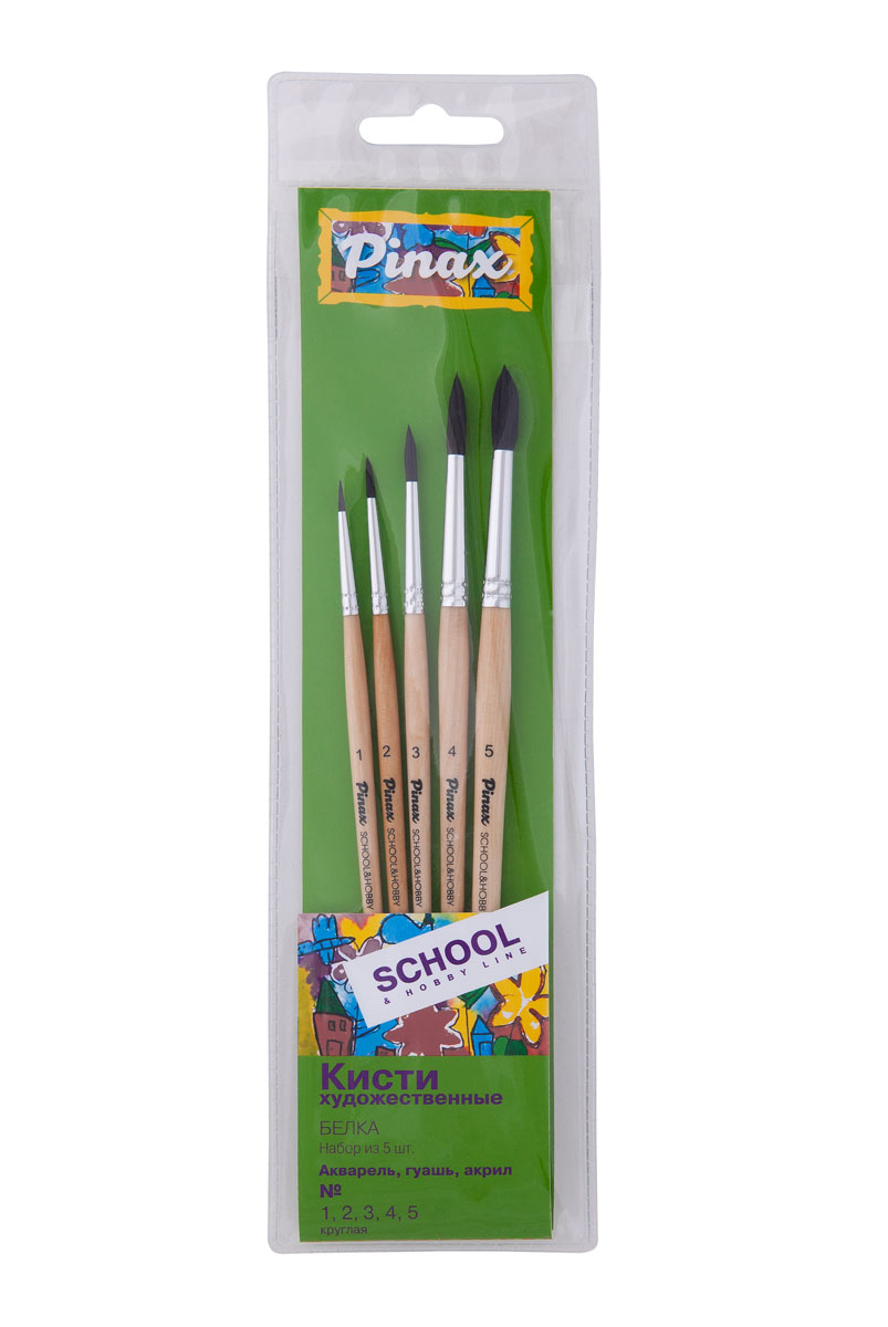 Pinax Набор кистей School & Hobby №1, 2, 3, 4, 5 (5шт)331995 Pinax Набор кистей School & Hobby №1, 2, 3, 4, 5 (5шт)331995Кисти из набора Pinax School&Hobby идеально подойдут для художественных и декоративно-оформительских работ. В набор входят круглые кисти №1, №2, №3, №4, №5. Кисти предназначены для работы с акварелью, гуашью, акрилом. Натуральные беличьи кисти - самые популярные кисти для детского творчества. Волос белки чрезвычайно мягкий и упругий, прекрасно набирает воду и краску и хорошо отдает ее на бумагу, при этом не полосит и не портит ее. Одной кистью среднего размера можно рисовать целую картину - сделать заливку фона кистью плашмя, а острым кончиком нарисовать детали. Деревянные ручки кистей покрыты лаком, втулки алюминиеваые с двойной обжимкой.Предусмотрены прозрачные колпачки.