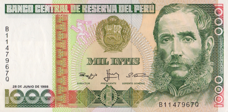 Банкнота номиналом 1000 инти. Перу. 1988 год