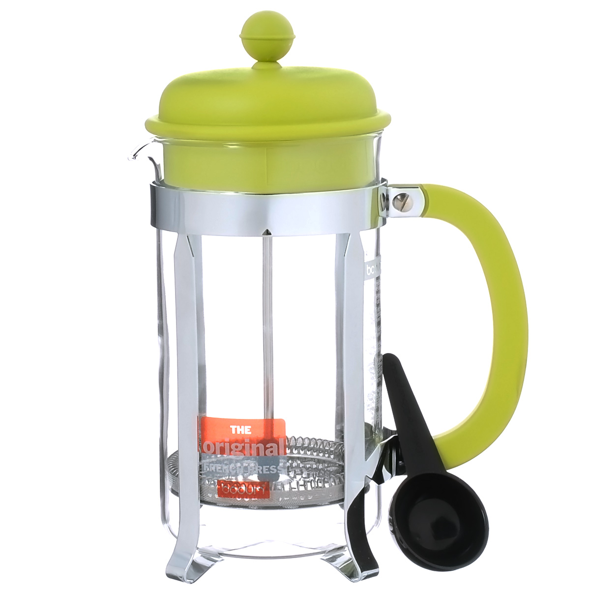 Кофейник Bodum Caffettiera с прессом, с ложечкой, цвет: зеленый, 1 л. 1918-1918- Кофейник Bodum Caffettiera с прессом, с ложечкой, цвет: зеленый, 1 л. 1918-1918-Кофейник Bodum Caffettiera представляет собой колбу из термостойкого стекла в оправе из полированной нержавеющей стали. Кофейник оснащен фильтром french press из нержавеющей стали, который позволяет легко и просто приготовить отличный напиток. Ручка и крышка кофейника выполнены из прочного пластика. В комплекте небольшая мерная ложечка из черного пластика. Благодаря такому кофейнику приготовление вкуснейшего ароматного и крепкого кофе займет всего пару минут.Настоящим ценителям натурального кофе широко известны основные и наиболее часто применяемые способы его приготовления: эспрессо, по-турецки, гейзерный. Однако существует принципиально иной способ, известный как french press, благодаря которому приготовление ароматного напитка стало гораздо проще. Весь процесс приготовления кофе займет не более 7 минут. Диаметр кофейника по верхнему краю: 10 см.Высота стенки кофейника: 18 см.Длина ложечки: 10 см.