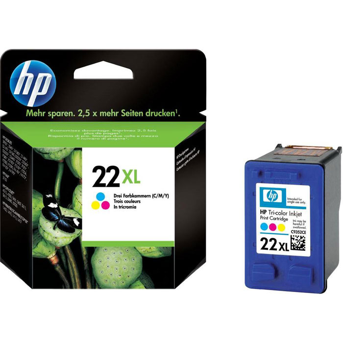 HP C9352CE (22 XL) трехцветный струйный картриджC9352CE HP C9352CE (22 XL) трехцветный струйный картриджC9352CEСтруйные трехцветные картриджи HP 22XL предназначены для крупнотиражной печати при меньшем количестве