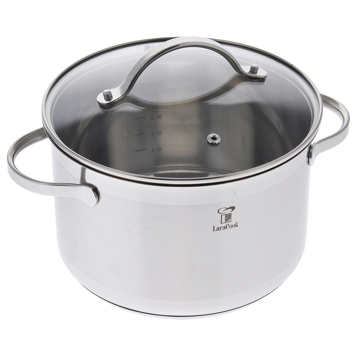 Кастрюля LaraCook Provance с крышкой, 4 лLC-0119 Кастрюля LaraCook Provance с крышкой, 4 лLC-0119Кастрюля LaraCook Provance изготовлена из высококачественной нержавеющей стали 18/10, которая отличается прочностью, устойчивостью к коррозии и отсутствием вредных соединений при контакте с продуктами. Нержавеющая сталь 18/10 зарекомендовала себя как идеальный материал для кухонной посуды. Капсулированное дно обеспечивает идеальное распределение тепла. Изделие имеет удобные ручки эргономичной формы. Надежное крепление ручки гарантирует безопасность использования. Удобные отметки литража на внутренней поверхности посуды позволяют не использовать при приготовлении дополнительную мерную посуду. Комбинированная крышка из высококачественной нержавеющей стали и жаропрочного стекла позволяет следить за процессом приготовления, не открывая крышки. Специальное отверстие для выхода пара позволяет готовить с закрытой крышкой, предотвращая выкипание. Сочетание зеркальной и матовой полировки придает посуде стильный внешний вид. Подходит для всех типов плит, включая индукционные. Можно мыть в посудомоечной машине. УВАЖАЕМЫЕ КЛИЕНТЫ! Обращаем ваше внимание на тот факт, что объем кастрюли указан максимальный, с учетом полного наполнения до кромки. Шкала на внутренней стенке кастрюли имеет меньший литраж.Высота стенки: 13 см. Толщина стенки: 1 мм. Толщина дна: 3 мм. Ширина кастрюли с учетом ручек: 27 см. Диаметр дна: 18 см.