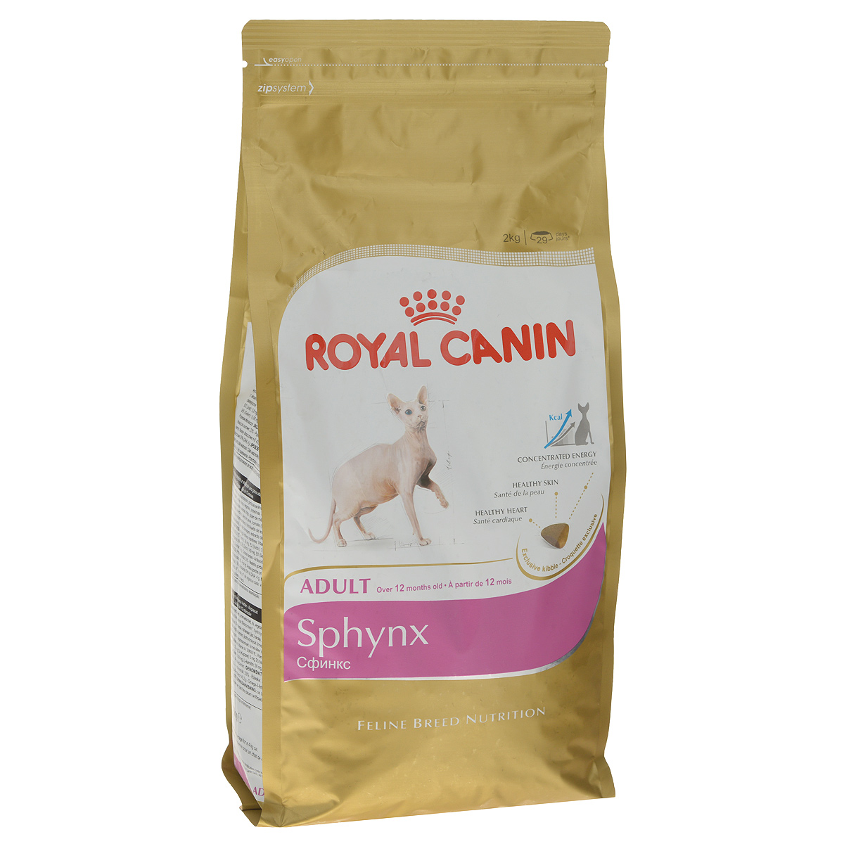 Корм сухой Royal Canin Sphynx Adult, для кошек породы Сфинкс старше 12 месяцев, 2 кг458020-539020 Корм сухой Royal Canin Sphynx Adult, для кошек породы Сфинкс старше 12 месяцев, 2 кг458020-539020Сухой корм Royal Canin Sphynx Adult - полнорационный корм для сфинксов старше 12 месяцев. Бесшерстные кошки время от времени рождались в разных уголках мира. Порода сфинкс в известном нам облике появилась в 1960-х годах, когда домашняя кошка в Онтарио (Канада) принесла котенка без шерсти. Гипнотизирующий взгляд, голая кожа со складками — сфинкс во многом не похож на других кошек. Существенная потребность в энергии.Отсутствие шерстного покрова у сфинксов компенсируется очень активным обменом веществ, позволяющим регулировать температуру тела. В то же время для такой терморегуляции необходимо очень много энергии, которую может обеспечить только правильно подобранное питание. Важнейшей составляющей правильного рациона этих кошек, склонных также к заболеваниям сердца, является специальный корм для породы сфинкс, который можно заказать в специализированных магазинах. Уникальный кожный покров, требующий ухода.Главная функция кожи заключается в создании барьера, препятствующего воздействию агрессивных факторов среды. Кожа сфинкса, не защищенная шерстью, особенно уязвима. Редкие тонкие волоски на теле животных — доказательство того, что организм пытается защититься от внешних воздействий. Поддержка работы сердца.У сфинксов существует наследственная предрасположенность к кардиомиопатии. Это заболевание можно предотвратить за счет правильной диеты, в состав которой включены таурин и жирные кислоты EPA и DHA.Любой интернет-магазин наших партнеров предоставляет своим клиентам возможность купить необходимый корм и аксессуары для кошек в режиме онлайн. Высокое содержание энергии.Высокое содержание энергии в крокете обусловлено повышенным содержанием жиров(23 %).Благодаря этому корм удовлетворяет высокую потребность сфинксов в энергии.Здоровье кожи.Кожа сфинкса не защищена шерстью. Продукт SPHYNX содержит комплекс питательных веществ, которые помогают поддерживать функцию кожного барьера. Формула обогащена жирными кислотами Омега 6 и Омега 3.Здоровье сердца.В состав продукта входят таурин и жирные кислоты EPA и DHA. Специально для челюстей сфинкса.QUARTZ 14 — особая крокета, по форме и размеру адаптированная к челюстям кошек породы сфинкс. Состав: дегидратированное мясо птицы, животные жиры, рис, изолят растительных белков, кукуруза, растительная клетчатка, дегидратированные белки животного происхождения (свинина), гидролизат белков животного происхождения, пшеница, кукурузная клейковина, свекольный жом, минеральные вещества, дрожжи, рыбий жир, томаты (источник ликопина), соевое масло, фруктоолигосахариды, гидролизат дрожжей (источник мaннановых олигосахаридов), масло огуречника аптечного, экстракт бархатцев прямостоячих (источник лютеина). Добавки (в 1 кг): Питательные добавки: витамин A: 29800 МЕ, витамин D3: 800 МЕ, E1 (железо): 38 мг, E2 (йод): 3,8 мг, E4 (медь): 5 мг, E5 (марганец): 50 мг, E6 (цинк): 149 мг, E8 (селен): 0,08 мг, L-карнитин: 50 мг, таурин: 2,9 г; консерванты, антиоксиданты. Товар сертифицирован.