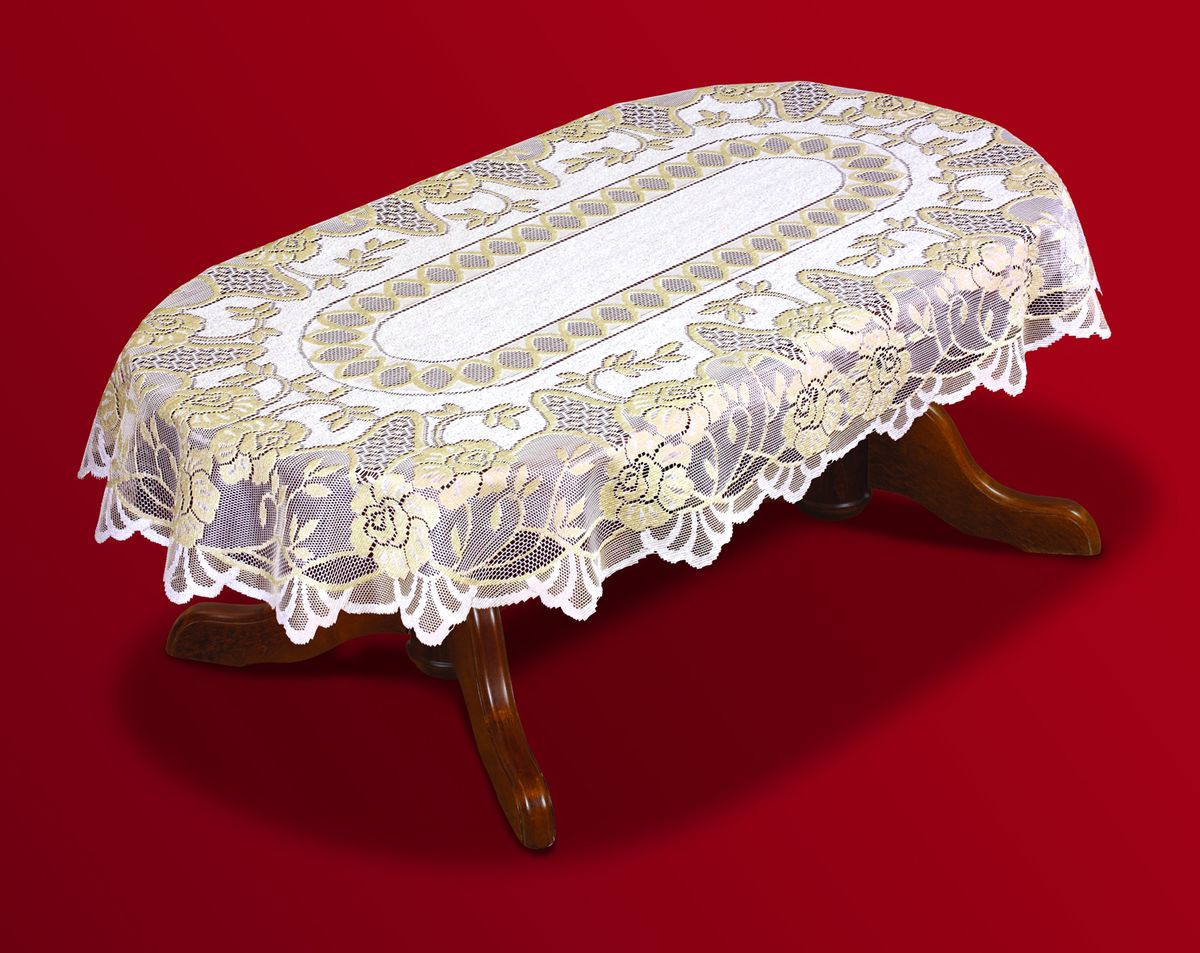 Скатерть Haft, овальная, цвет: кремовый, золотистый, 150x 300 см. 202601-150202601-150 Скатерть Haft, овальная, цвет: кремовый, золотистый, 150x 300 см. 202601-150202601-150Великолепная овальная скатерть Haft, выполненная из полиэстера, органично впишется в интерьер любого помещения, а оригинальный дизайн удовлетворит даже самый изысканный вкус. Скатерть изготовлена из сетчатого материала с ажурным рисунком. Края скатерти закруглены.Скатерть Haft создаст праздничное настроение и станет прекрасным дополнением интерьера гостиной, кухни или столовой.