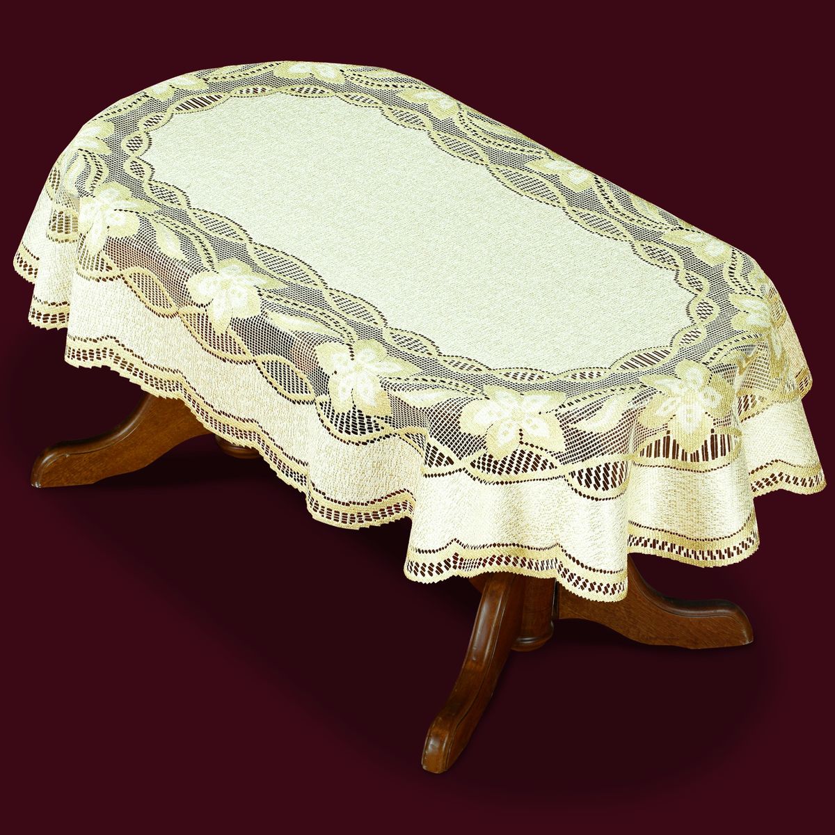 Скатерть Haft, овальная, цвет: кремовый, золотистый, 160x 120 см. 42951-12042951-120 Скатерть Haft, овальная, цвет: кремовый, золотистый, 160x 120 см. 42951-12042951-120Великолепная овальная скатерть Haft, выполненная из полиэстера, органично впишется в интерьер любого помещения, а оригинальный дизайн удовлетворит даже самый изысканный вкус. Скатерть изготовлена из сетчатого материала с ажурным рисунком. Края скатерти закруглены.Скатерть Haft создаст праздничное настроение и станет прекрасным дополнением интерьера гостиной, кухни или столовой.