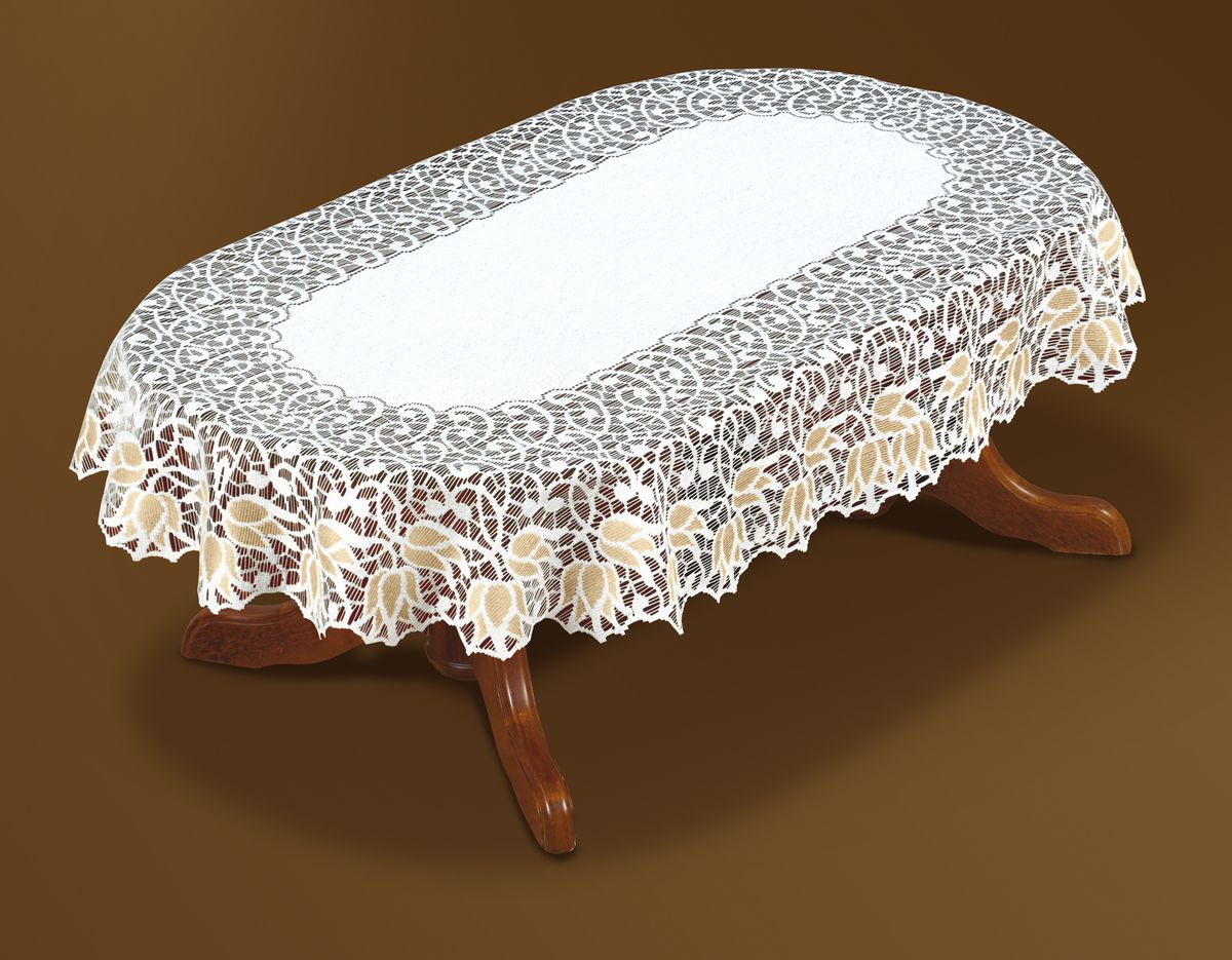 Скатерть Haft Gold Line, овальная, цвет: белый, золотистый, 130x 180 см. 221071/130221071/130 Скатерть Haft Gold Line, овальная, цвет: белый, золотистый, 130x 180 см. 221071/130221071/130Великолепная овальная скатерть Haft Gold Line, выполненная из полиэстера, органично впишется в интерьер любого помещения, а оригинальный дизайн удовлетворит даже самый изысканный вкус. Скатерть изготовлена из сетчатого материала с ажурным цветочным рисунком по краям. Края скатерти ажурные.Скатерть Haft Gold Line создаст праздничное настроение и станет прекрасным дополнением интерьера гостиной, кухни или столовой.