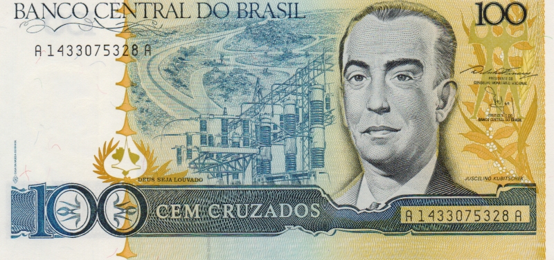 Банкнота номиналом 100 крузадо. Бразилия, 1987 год