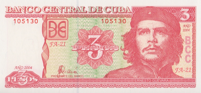 Банкнота номиналом 3 песо. Куба, 2004 год