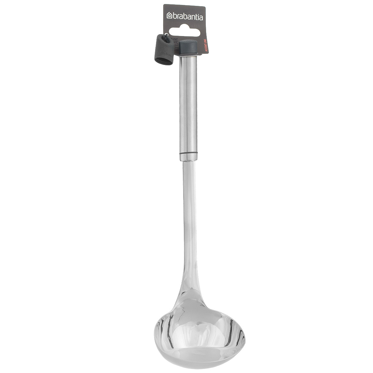 Половник Brabantia Accent, длина 35 см463426 Половник Brabantia Accent, длина 35 см463426Порционный половник Brabantia Accent с длинной ручкой идеально подходит для аккуратного наливания супа. Изготовлен из высококачественной нержавеющей стали с зеркальной полировкой. Благодаря отсутствию сварных швов изделие гигиенично и удобно в очистке. В комплекте съемный силиконовый колпачок черного цвета для рукоятки. Используя съемные колпачки разных цветов (продаются отдельно), вы можете создавать свой оригинальный стиль. Можно мыть в посудомоечной машине.Длина половника: 35 см. Размер рабочей поверхности: 9,5 см х 8,5 см.