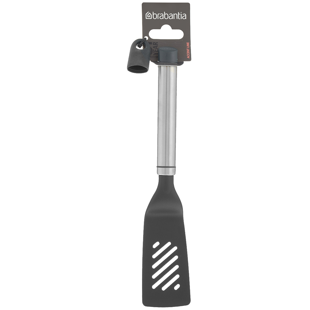 Лопатка с прорезями Brabantia Accent, малая, длина 27 см463761 Лопатка с прорезями Brabantia Accent, малая, длина 27 см463761Лопатка с прорезями Brabantia Accent поможет достать приготовленные продукты из жидкостей, одновременно позволяя лишнему жиру стечь через специально предусмотренные отверстия. Рабочая поверхность выполнена из высококачественного огнеупорного нейлона (макс. 220°C) и имеет длительный срок службы. Рукоятка выполнена из нержавеющей стали. Изделие безопасно для посуды с антипригарным покрытием, имеет сглаженные формы и не оставляет царапин. В комплекте съемный силиконовый колпачок черного цвета для рукоятки. Используя съемные колпачки разных цветов (продаются отдельно), вы можете создавать свой оригинальный стиль. Можно мыть в посудомоечной машине. Длина лопатки: 27 см. Размер рабочей поверхности: 5 см х 9 см.