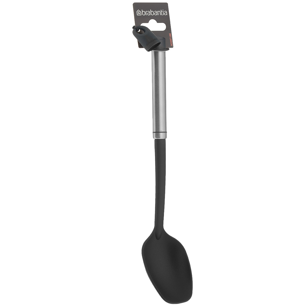 Ложка поварская Brabantia Accent, длина 34 см463808 Ложка поварская Brabantia Accent, длина 34 см463808Поварская ложка Brabantia Accent идеально подходит для выкладывания овощей и картофеля фри. Рабочая поверхность выполнена из высококачественного огнеупорного нейлона (макс. 220°C) и имеет длительный срок службы. Рукоятка выполнена из нержавеющей стали. Изделие безопасно для посуды с антипригарным покрытием, имеет сглаженные формы и не оставляет царапин. В комплекте съемный силиконовый колпачок черного цвета для рукоятки. Используя съемные колпачки разных цветов (продаются отдельно), вы можете создавать свой оригинальный стиль. Можно мыть в посудомоечной машине.Длина ложки: 34 см. Размер рабочей поверхности: 10 см х 6,5 см.