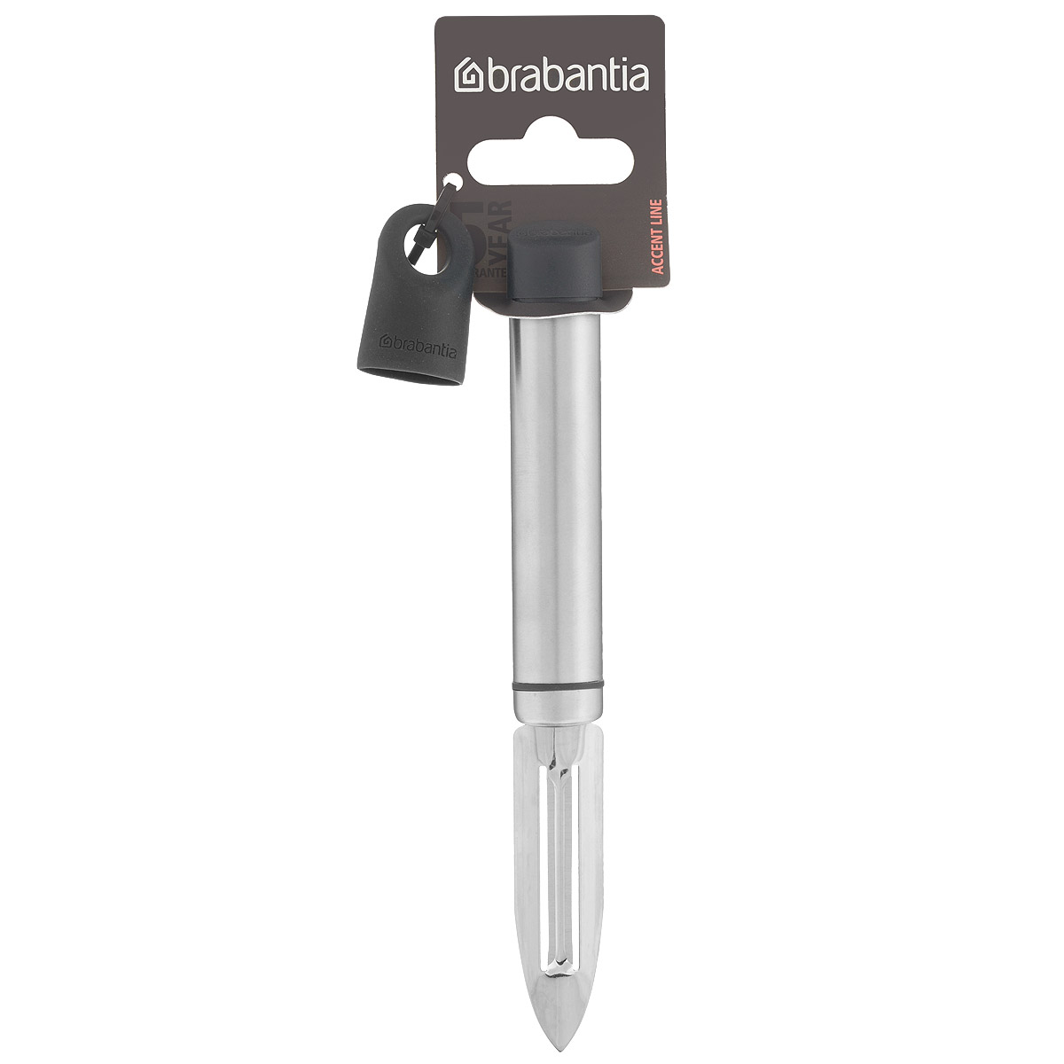 Нож для чистки Brabantia Accent, цвет: стальной матовый. 463228463228 Нож для чистки Brabantia Accent, цвет: стальной матовый. 463228463228Идеально подходит для малоотходной чистки моркови, огурцов, яблок и других плодов.Двустороннее лезвие из нержавеющей стали со специальным кончиком для вырезания глазков. Может использоваться левой или правой рукой. Подходит для мытья в посудомоечной машине. Имеется сочетающийся по стилю настенный держатель (рейлинг). В комплект не входит.Дополнительно предлагаются сменные силиконовые колпачки красного и мятного цвета.