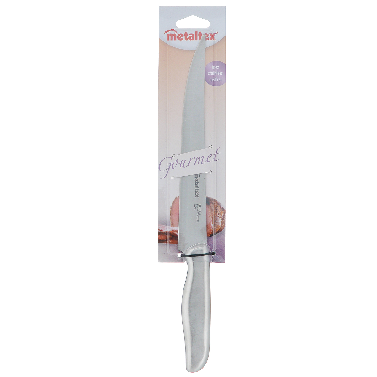 Нож филейный Metaltex Gourmet, длина лезвия 21 см25.58.50 Нож филейный Metaltex Gourmet, длина лезвия 21 см25.58.50Нож филейный Metaltex Gourmet изготовлен из первоклассной нержавеющей стали и предназначен для нарезки продуктов, разделывания мяса. Лезвие заточено и сформировано для максимально эффективного использования. Такой нож станет прекрасным дополнением к коллекции ваших кухонных аксессуаров и не займет много места при хранении. Нельзя мыть в посудомоечной машине. Общая длина ножа: 32 см.