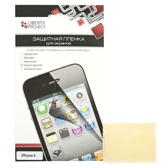 Liberty Project защитная пленка для iPhone 6/6s, приват-фильтрR0006983 Liberty Project защитная пленка для iPhone 6/6s, приват-фильтрR0006983Защитная пленка Liberty Project предназначена для защиты поверхности экрана, а также частей корпуса цифрового устройства от царапин, потертостей, отпечатков пальцев и прочих следов механического воздействия.