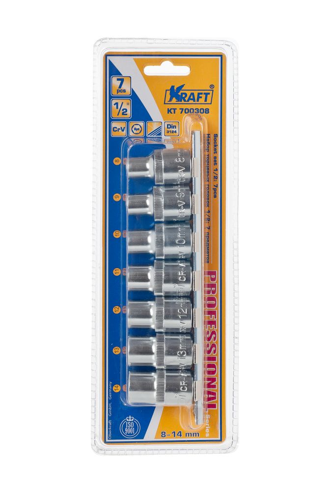 Набор торцевых головок Kraft Professional, 1/2, 8 мм - 14 мм, 7 штКТ700308 Набор торцевых головок Kraft Professional, 1/2, 8 мм - 14 мм, 7 штКТ700308В набор Kraft Professional входят шестигранные торцевые головки на планке под квадрат 1/2 следующих размеров: 8 мм, 9 мм, 10 мм, 11 мм, 12 мм, 13 мм, 14 мм. Головки выполнены из хромованадиевой стали.Торцевые головки Kraft Professional изготовлены из хромованадиевой стали марки 50BV30 со специальным трехслойным покрытием, обеспечивающим долговременную защиту от механических повреждений.