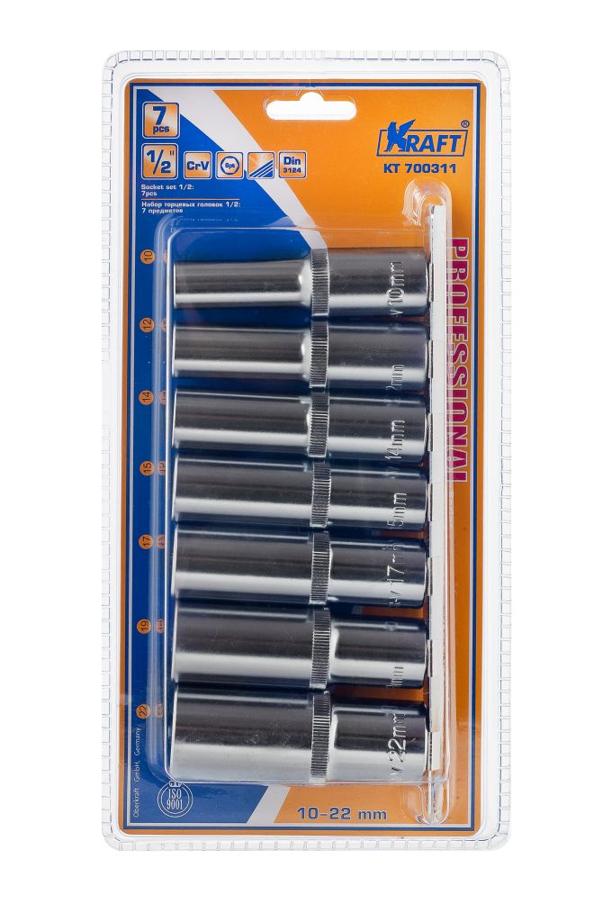 Набор торцевых удлиненных головок Kraft Professional, 1/2, 10 мм - 22 мм, 7 штКТ700311 Набор торцевых удлиненных головок Kraft Professional, 1/2, 10 мм - 22 мм, 7 штКТ700311В набор Kraft Professional входят шестигранные торцевые головки на планке под квадрат 1/2 следующих размеров: 10 мм, 12 мм, 14 мм, 15 мм, 17 мм, 19 мм, 22 мм. Головки выполнены из хромованадиевой стали.Торцевые головки Kraft Professional изготовлены из хромованадиевой стали марки 50BV30 со специальным трехслойным покрытием, обеспечивающим долговременную защиту от механических повреждений.