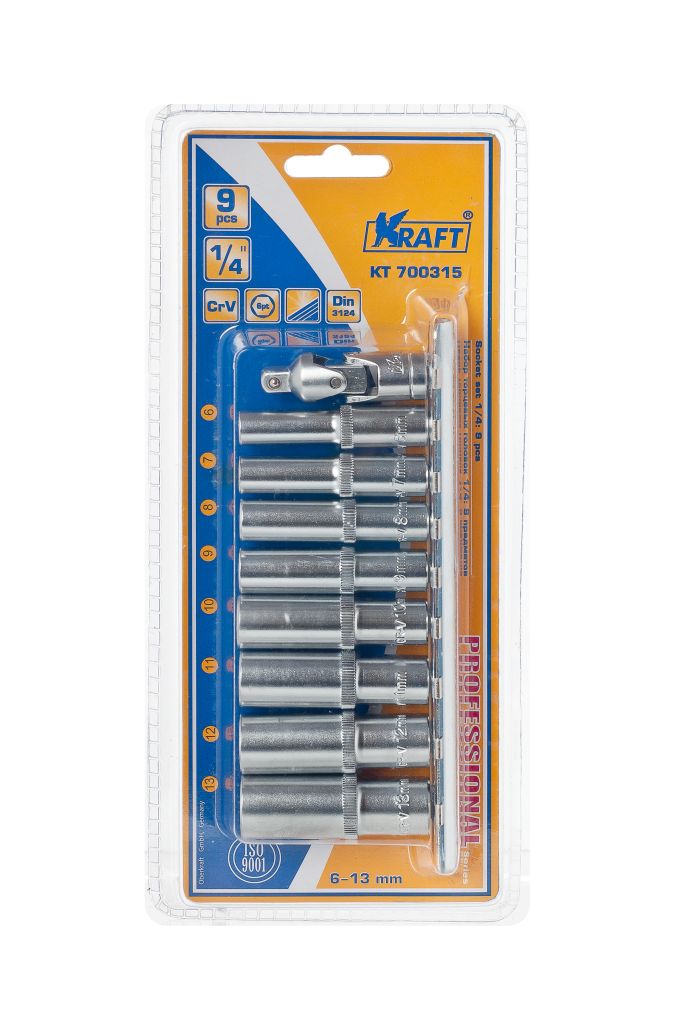 Набор торцевых головок Kraft Professional, с шарнирным карданом, 1/4, 6 мм - 13 мм, 9 предметовКТ700315 Набор торцевых головок Kraft Professional, с шарнирным карданом, 1/4, 6 мм - 13 мм, 9 предметовКТ700315В набор Kraft Professional входят кардан шарнирный, шестигранные удлиненные торцевые головки на планке под квадрат 1/4 следующих размеров: 6 мм, 7 мм, 8 мм, 9 мм, 10 мм, 11 мм, 12 мм, 13 мм. Головки и кардан выполнены из хромованадиевой стали.Торцевые головки Kraft Professional изготовлены из хромованадиевой стали марки 50BV30 со специальным трехслойным покрытием, обеспечивающим долговременную защиту от механических повреждений.