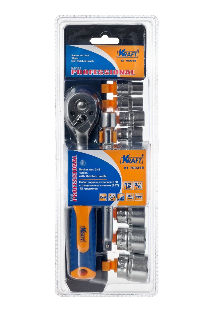 Набор торцевых головок Kraft Professional, с трещоточным ключом, 3/8, 12 предметовКТ700319 Набор торцевых головок Kraft Professional, с трещоточным ключом, 3/8, 12 предметовКТ700319Набор слесарно-монтажного инструмента Kraft Professional предназначен для работы с резьбовыми соединениями. Торцевые головки имеют шестигранный зев и посадочное место для присоединительного квадрата 3/8. Головка с храповым механизмом устраняет необходимость каждый раз устанавливать ключ на крепежный элемент.Состав набора: шестигранные торцевые головки 3/8: 10 мм, 11 мм, 12 мм, 13 мм, 14 мм, 15 мм, 17 мм, 19 мм, 22 мм, 24 мм; рукоятка трещоточная с быстрым сбросом 3/8: 210 мм, 72 зубца; удлинитель 3/8: 150 мм.Торцевые головки Kraft Professional изготовлены из хромованадиевой стали марки 50BV30 со специальным трехслойным покрытием, обеспечивающим долговременную защиту от механических повреждений.